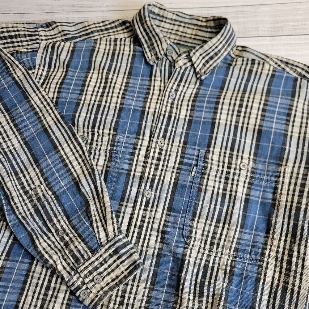 Levis Long Sleeve Button Down‎ Plaid Denim Shirt Mens Large Vintage Black Blue